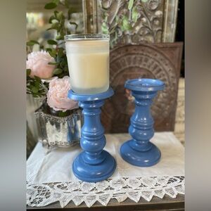 Wedgwood Blue painted wood candlestick holders French Country cottage decor